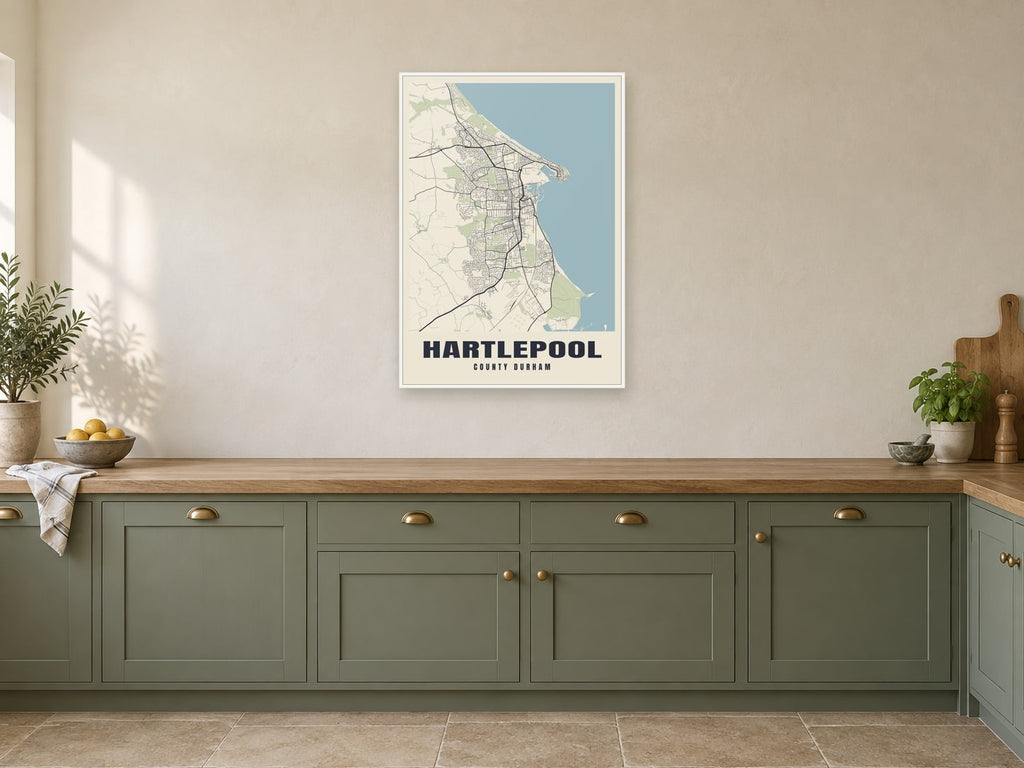 Hartlepool Street Map Poster at A1, in a white frame, in a kitchen
