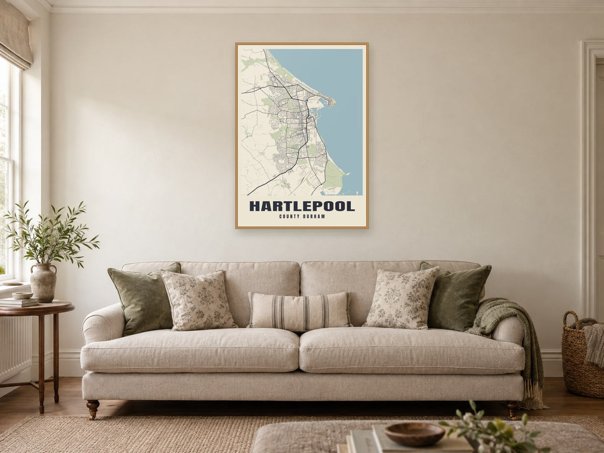 Hartlepool Street Map Poster at A1, in a natural wood frame, in a sitting room