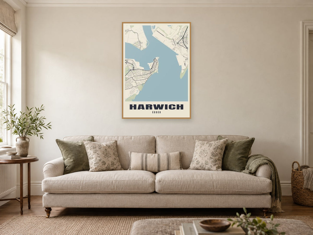 Harwich Street Map Poster at A1, in a natural wood frame, in a sitting room