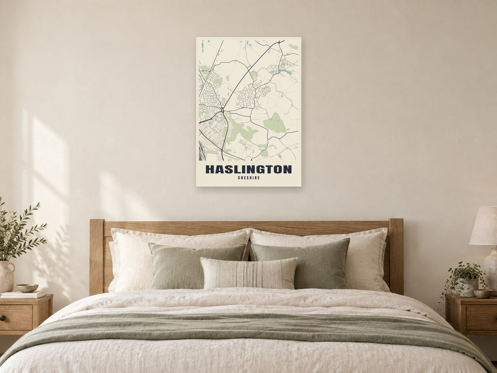 Haslington Street Map Poster at A1, as a poster, above a bed
