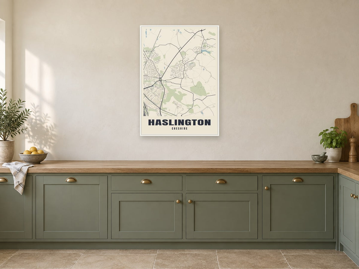 Haslington Street Map Poster at A1, in a white frame, in a kitchen