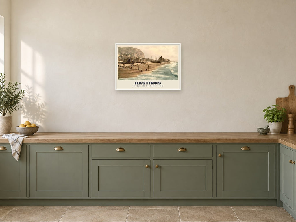 East Cliff and Fish Market, Hastings, 1890s Heritage Print at A2, in a white frame, in a kitchen