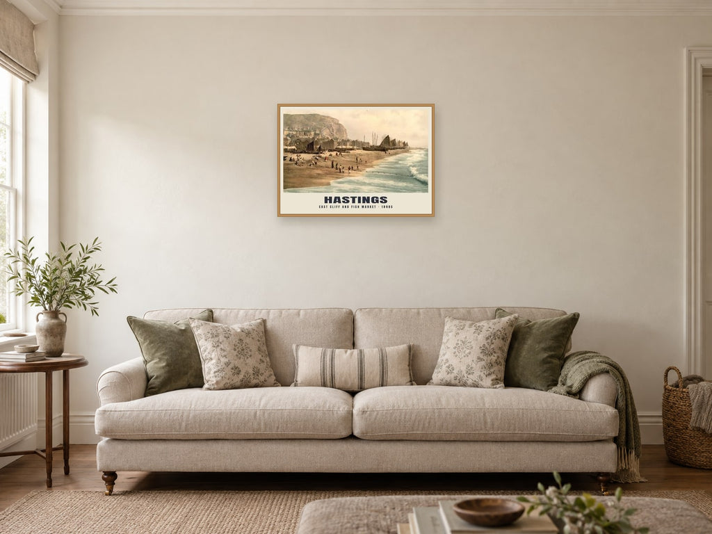East Cliff and Fish Market, Hastings, 1890s Heritage Print at A2, in a natural wood frame, in a sitting room