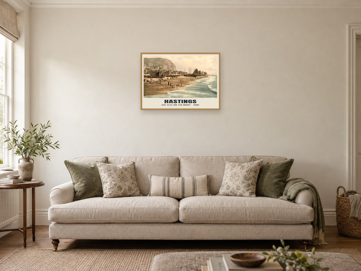 East Cliff and Fish Market, Hastings, 1890s Heritage Print at A2, in a natural wood frame, in a sitting room