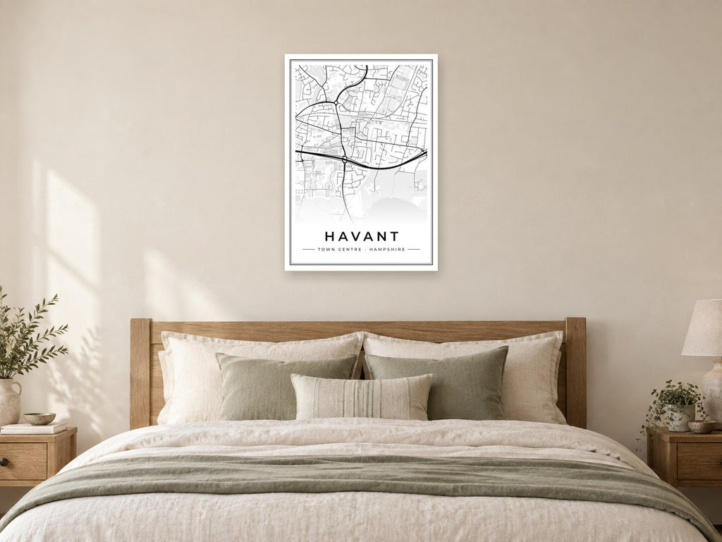 Havant Town Centre Street Map Poster at A1, as a poster, above a bed