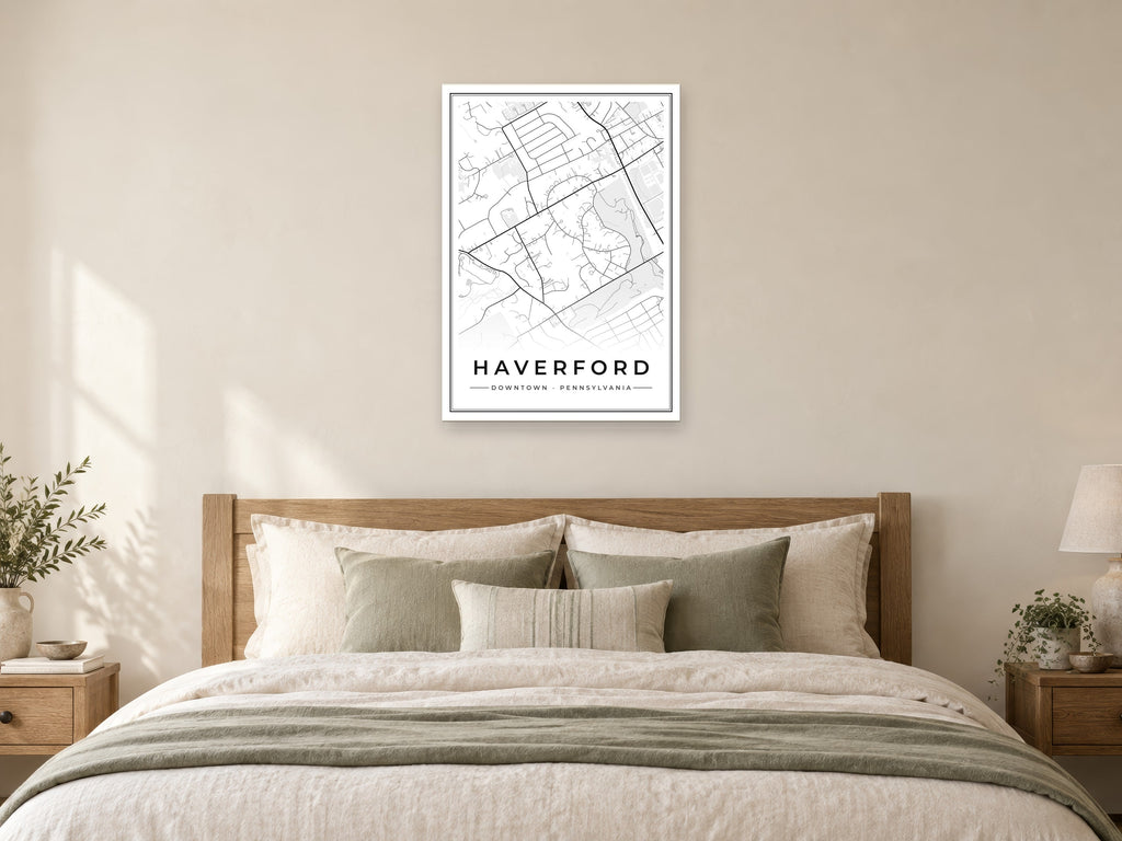 Haverford Downtown Street Map Poster at A1, as a poster, above a bed