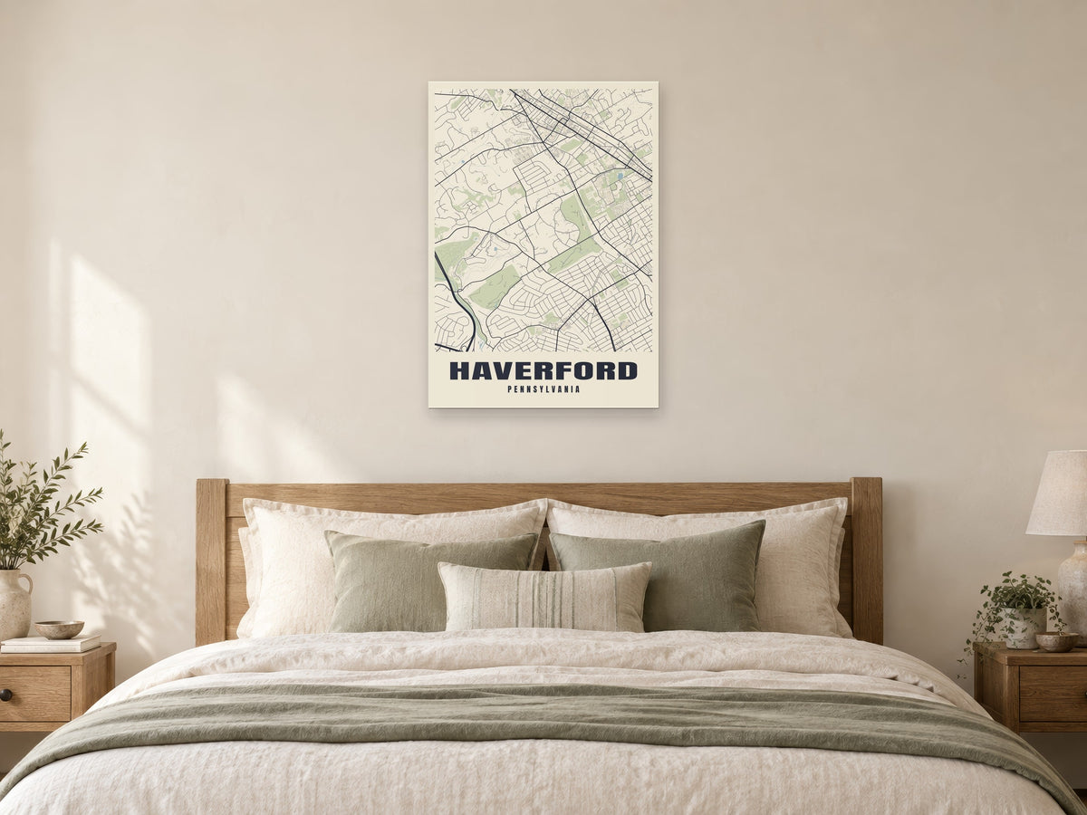 Haverford Street Map Poster at A1, as a poster, above a bed