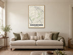 Haverford Street Map Poster at A1, in a natural wood frame, in a sitting room