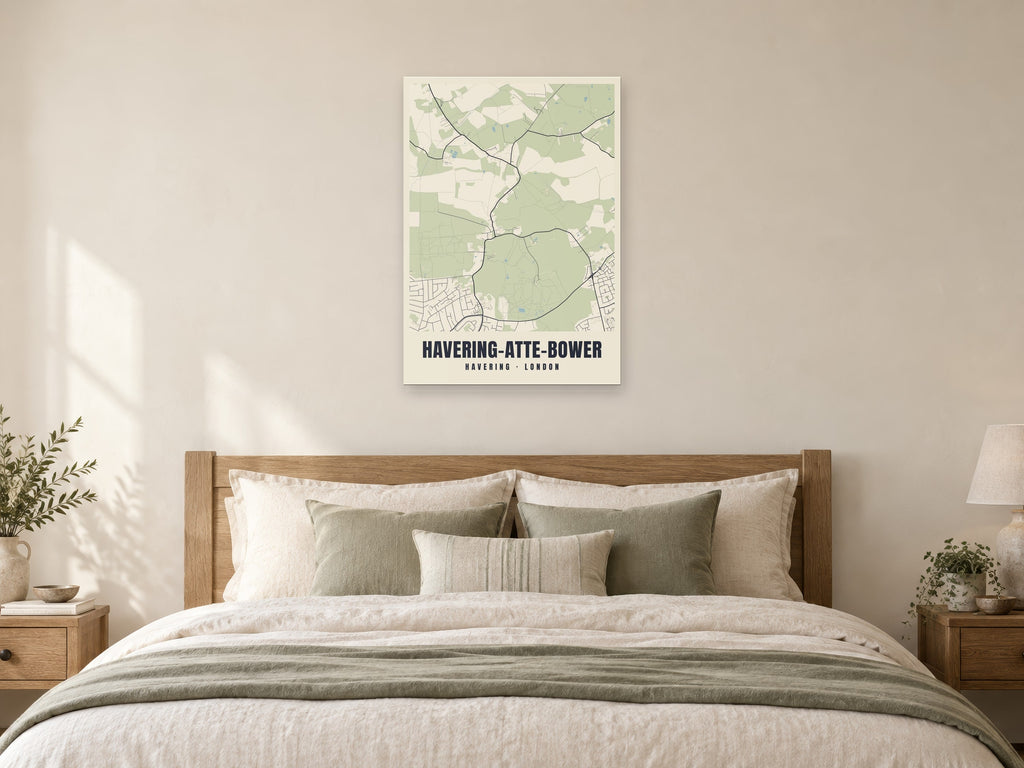 Havering-atte-Bower Heritage Street Map Poster at A1, as a poster, above a bed