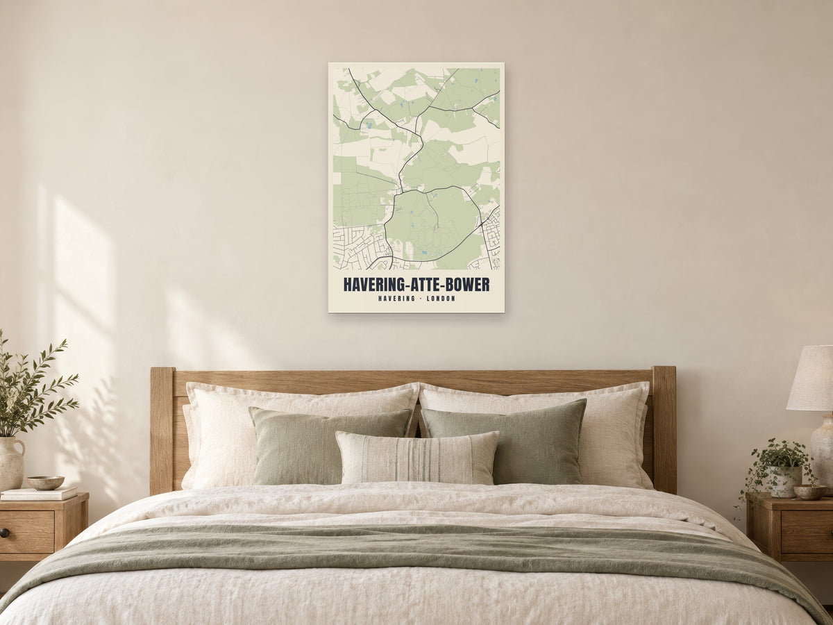 Havering-atte-Bower Heritage Street Map Poster at A1, as a poster, above a bed
