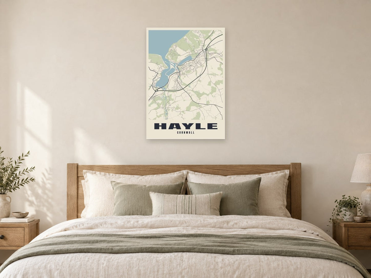 Hayle Street Map Poster at A1, as a poster, above a bed
