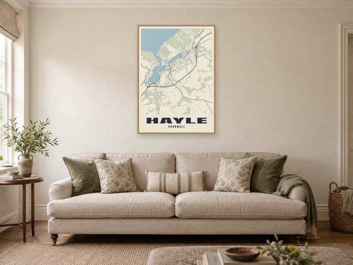 Hayle Street Map Poster at A1, in a natural wood frame, in a sitting room