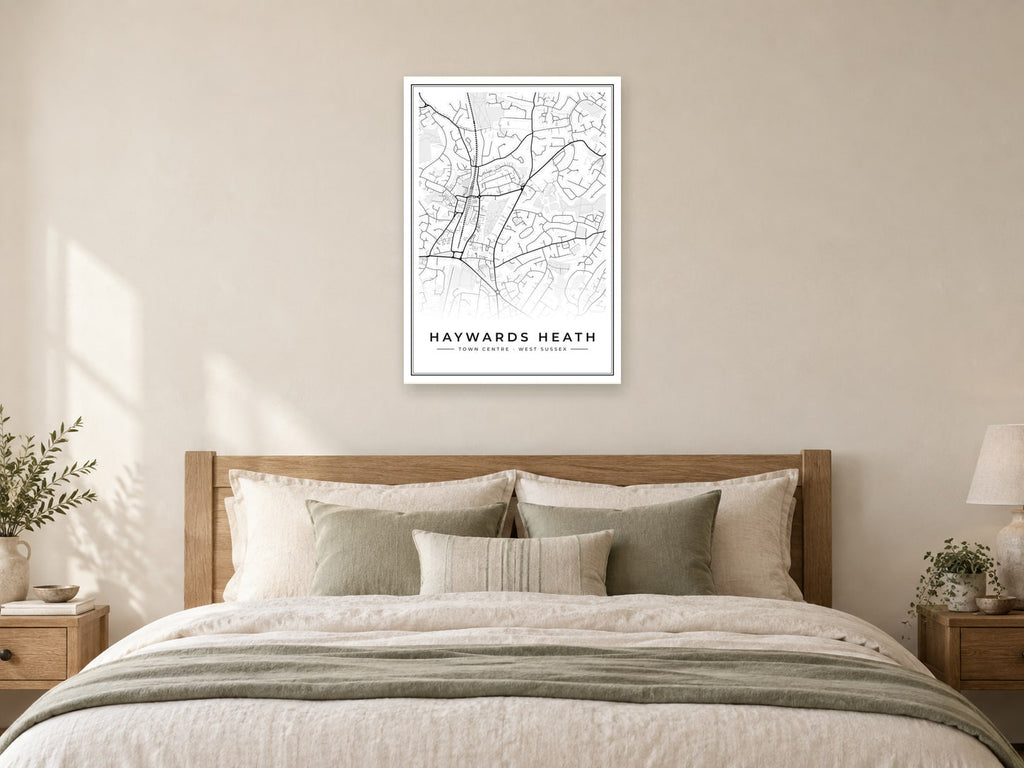 Haywards Heath Town Centre Street Map Poster at A1, as a poster, above a bed