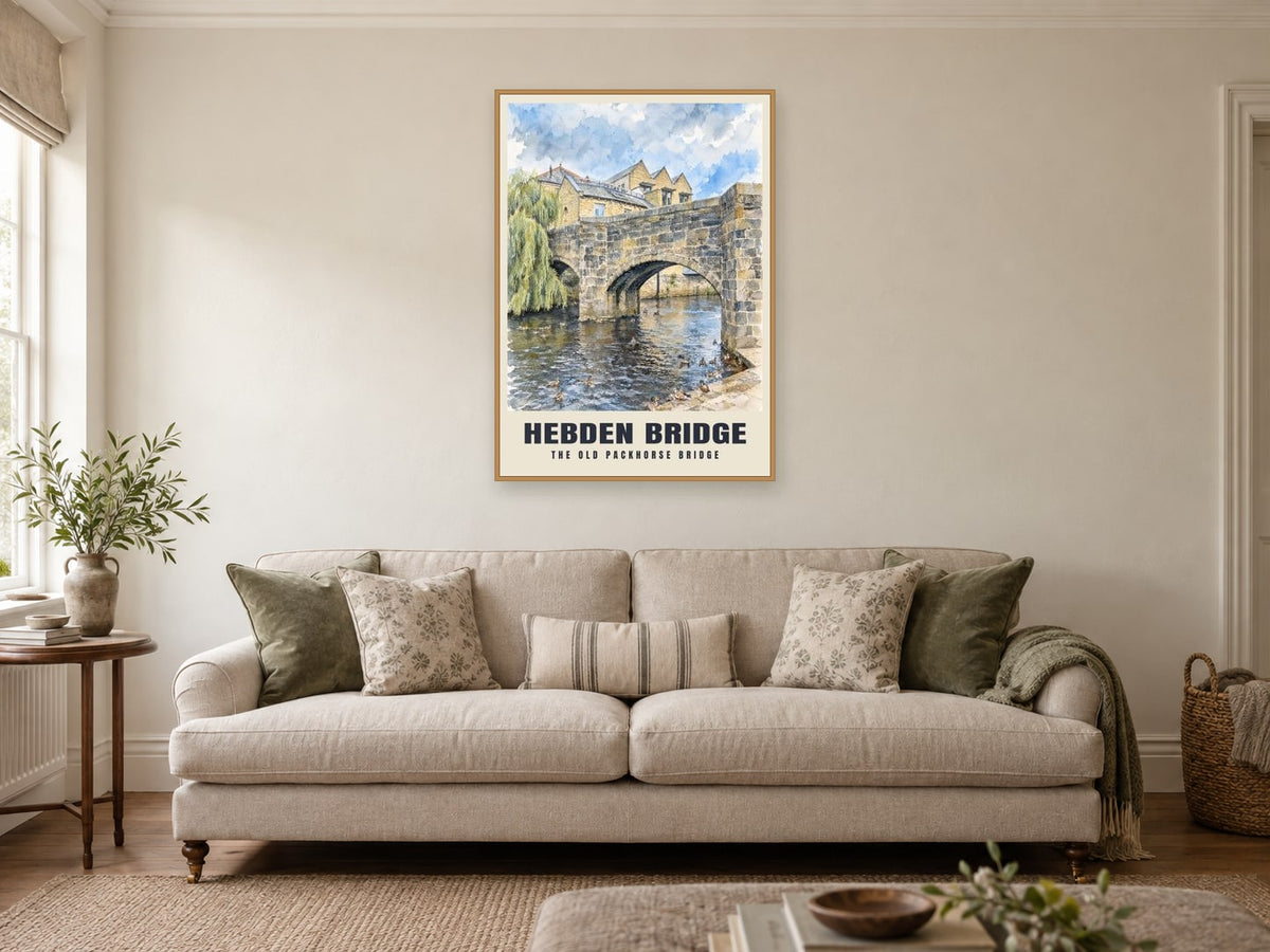 The Old Packhorse Bridge, Hebden Bridge Poster at A1, in a natural wood frame, in a sitting room