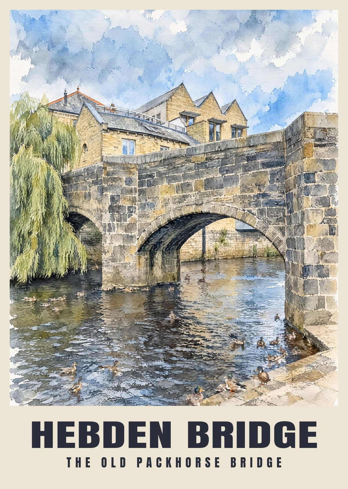 The Old Packhorse Bridge, Hebden Bridge poster in the English Watercolour style