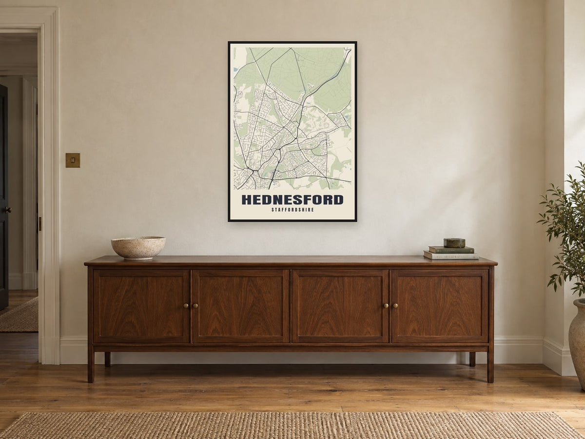 Hednesford Street Map Poster at A1, in a black frame, above a sideboard