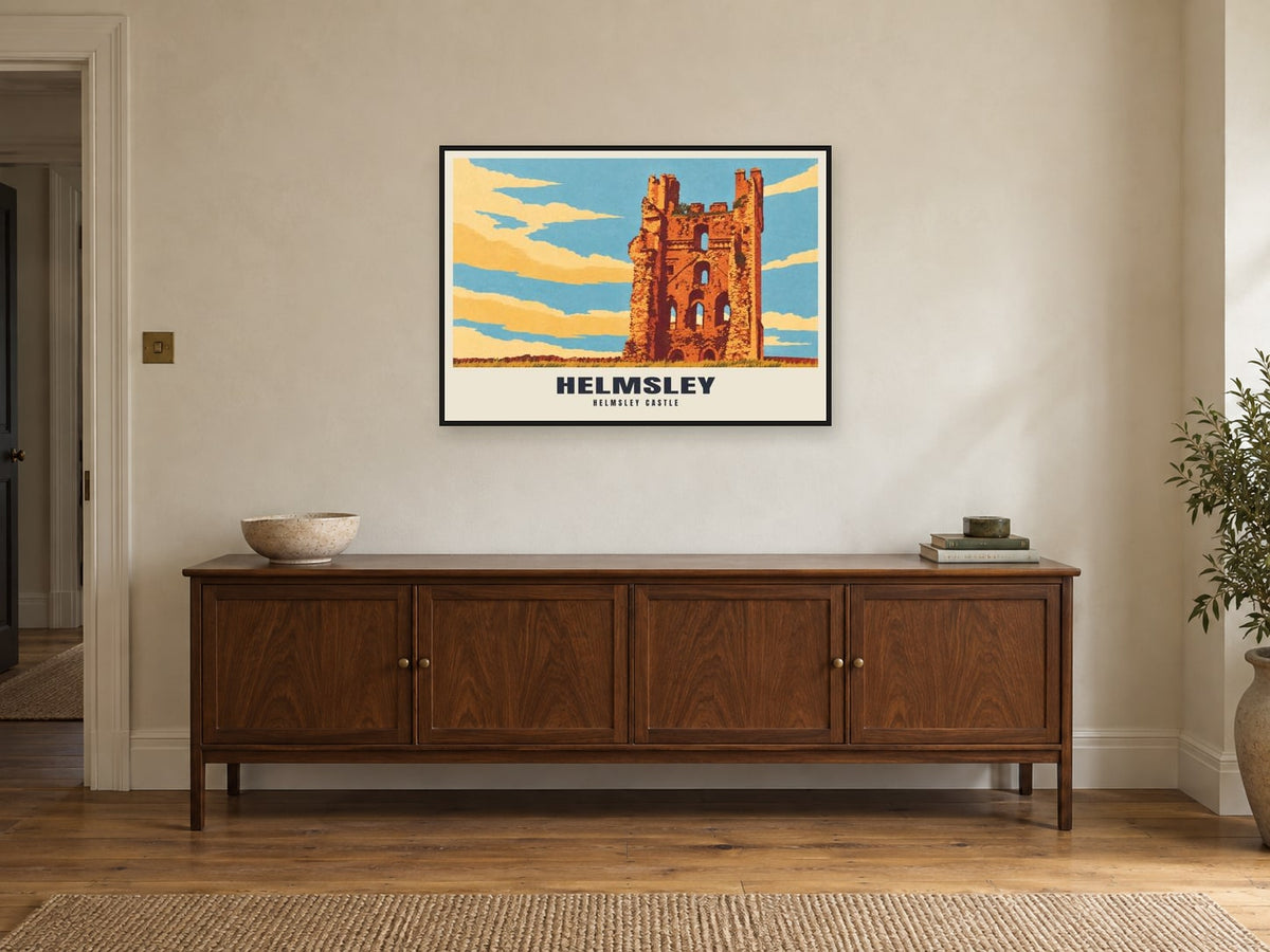 Helmsley Castle Poster at A1, in a black frame, above a sideboard