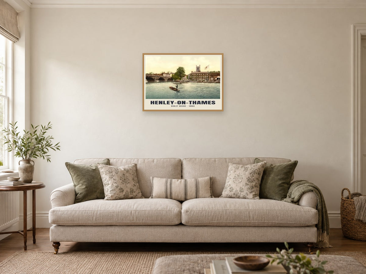 Henley Bridge, Henley-on-Thames, 1890s Heritage Print at A2, in a natural wood frame, in a sitting room