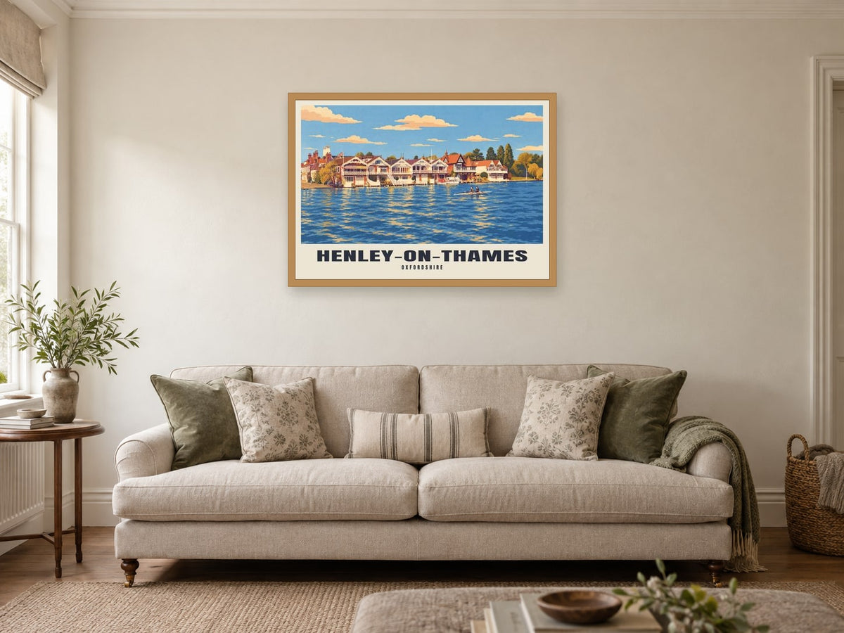 Henley-on-Thames Poster at A1, in a natural wood frame, in a sitting room