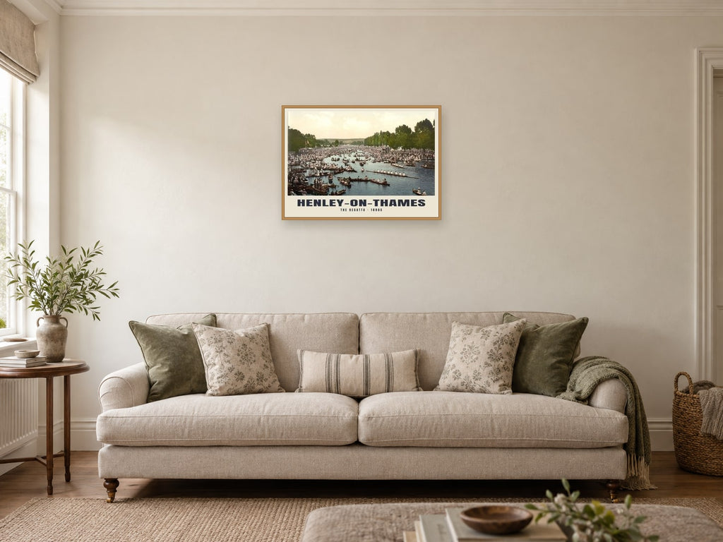 Henley Regatta, 1890s Heritage Print at A2, in a natural wood frame, in a sitting room