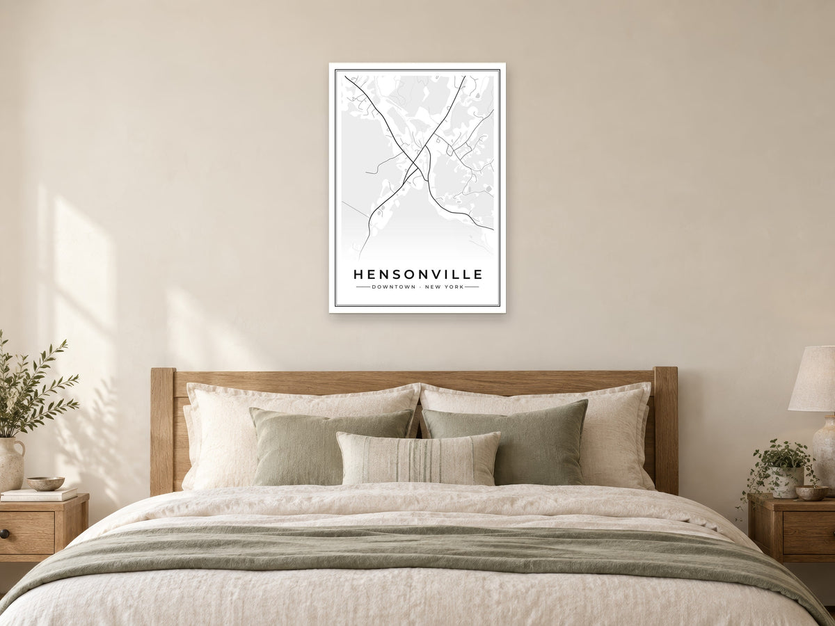 Hensonville Downtown Street Map Poster at A1, as a poster, above a bed