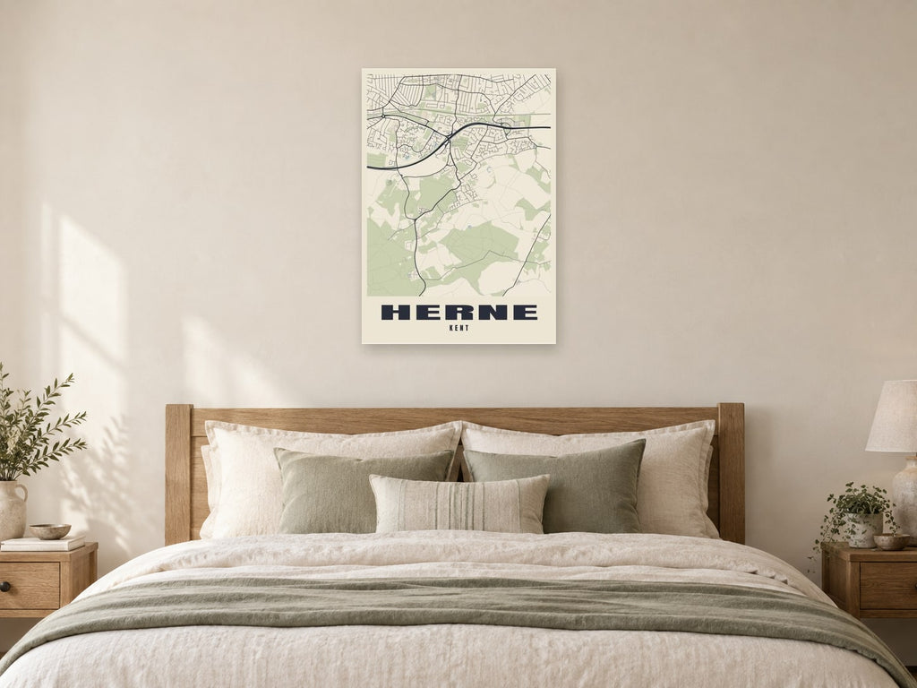 Herne Street Map Poster at A1, as a poster, above a bed