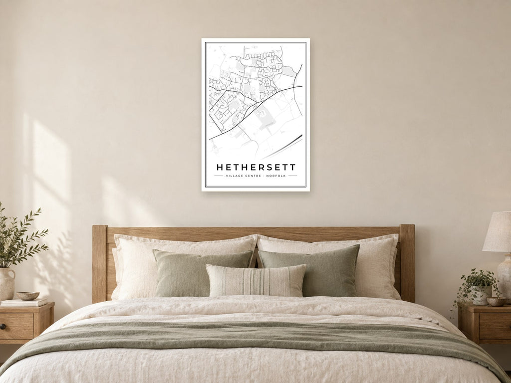 Hethersett Village Centre Street Map Poster at A1, as a poster, above a bed