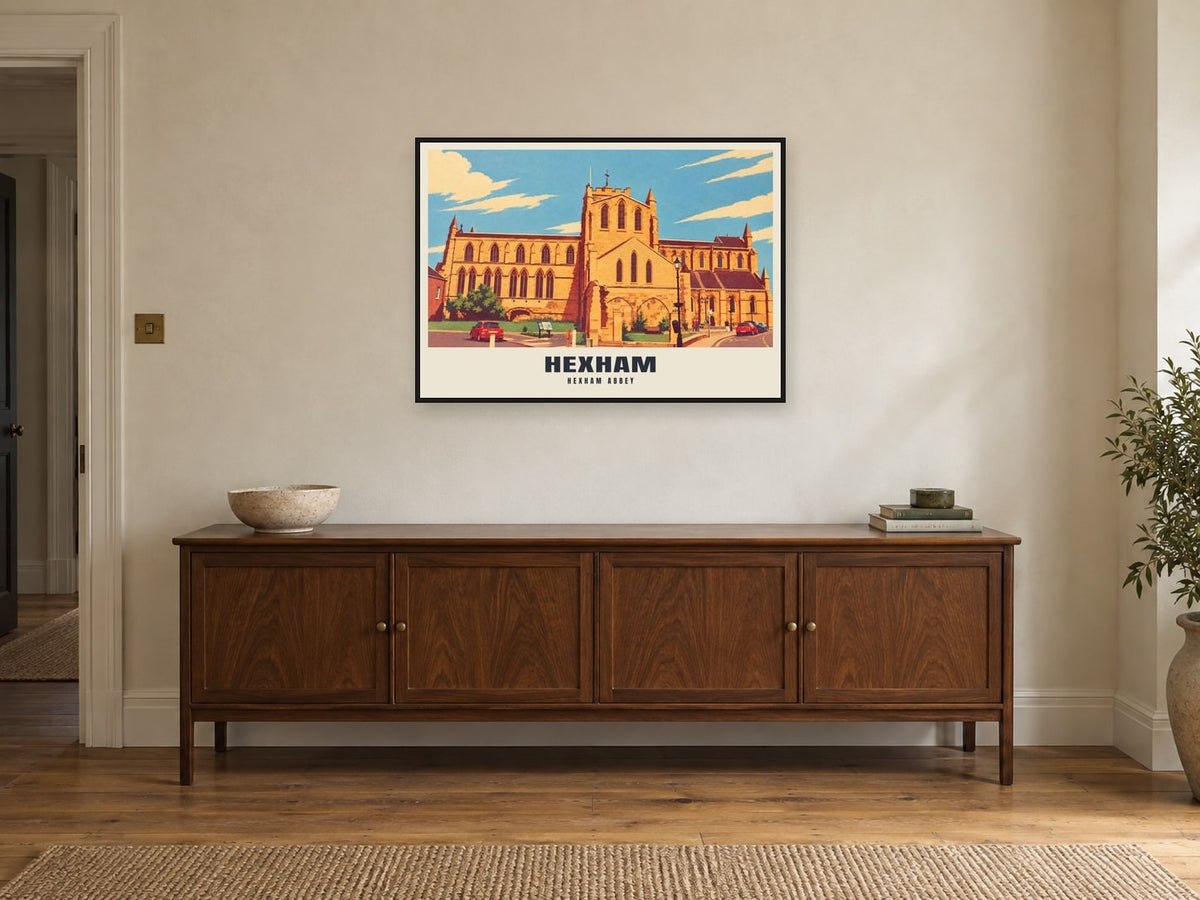 Hexham Abbey Poster at A1, in a black frame, above a sideboard