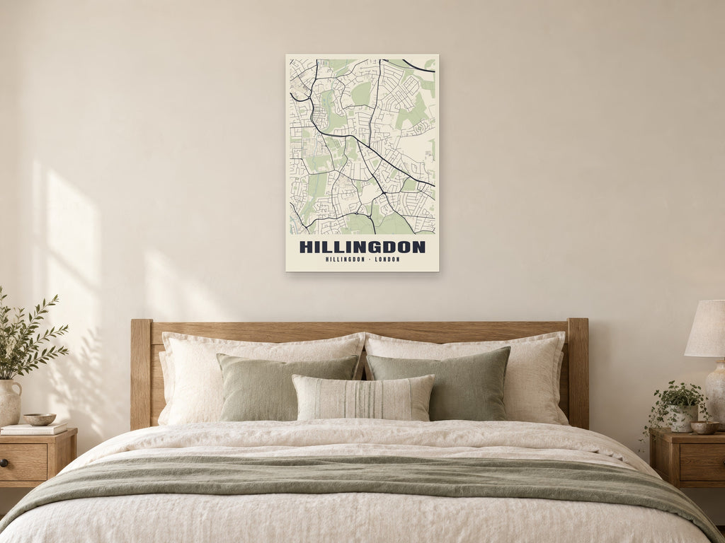 Hillingdon Heritage Street Map Poster at A1, as a poster, above a bed