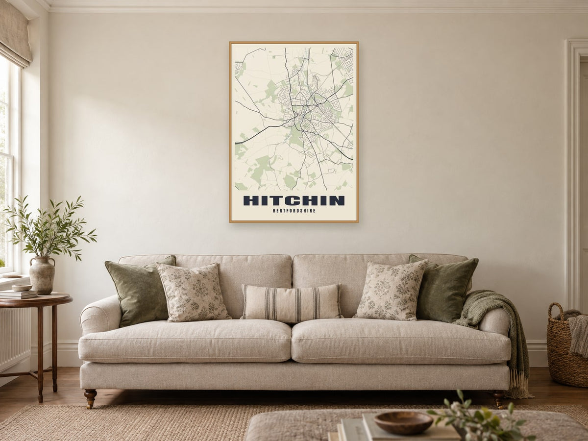 Hitchin Street Map Poster at A1, in a natural wood frame, in a sitting room