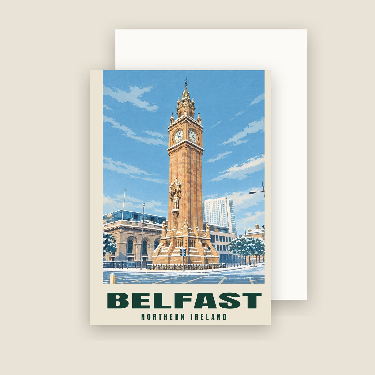 The Albert Clock, Belfast winter Christmas card with its envelope