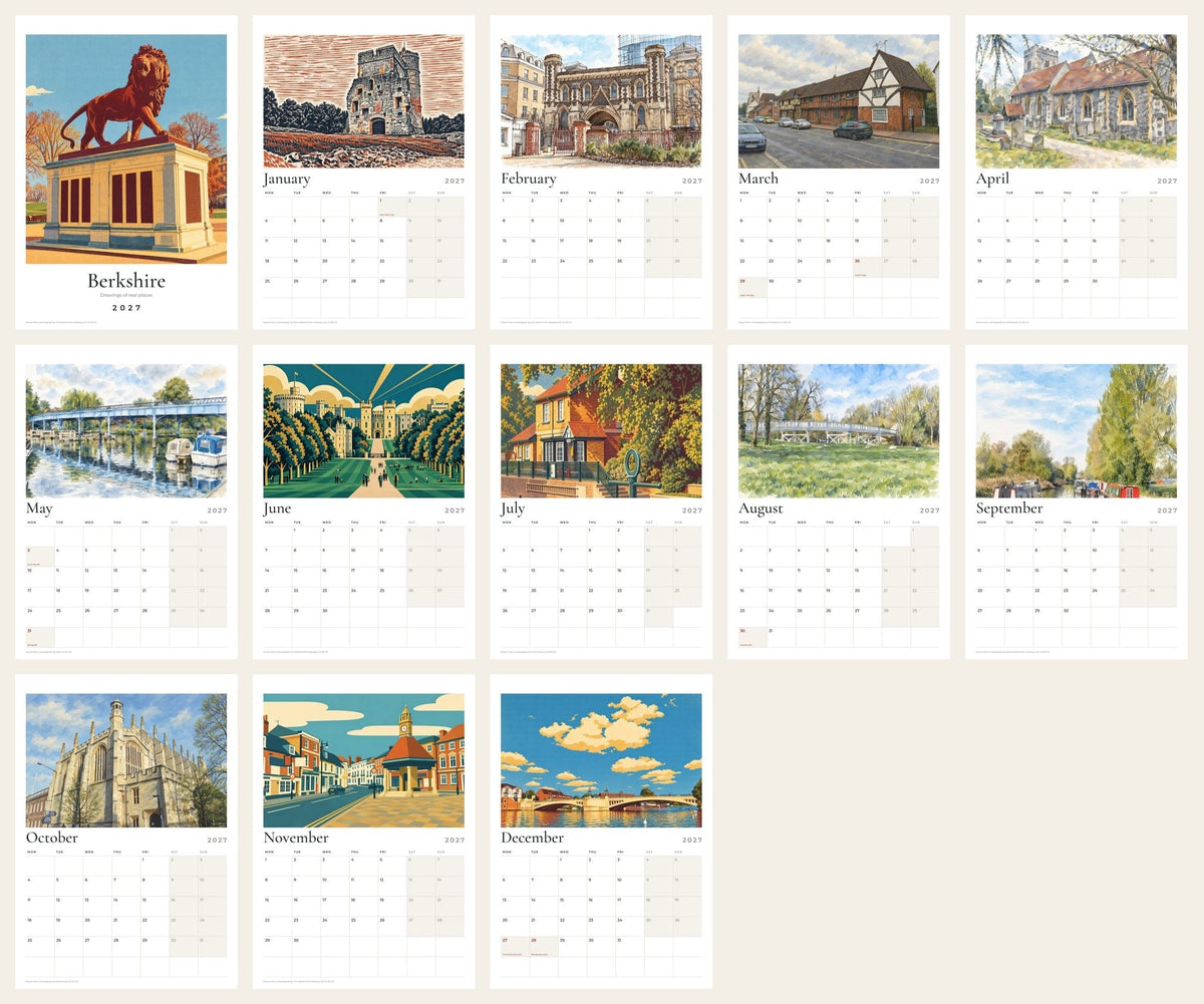 All thirteen pages of the Berkshire 2027 calendar: the cover and twelve drawings