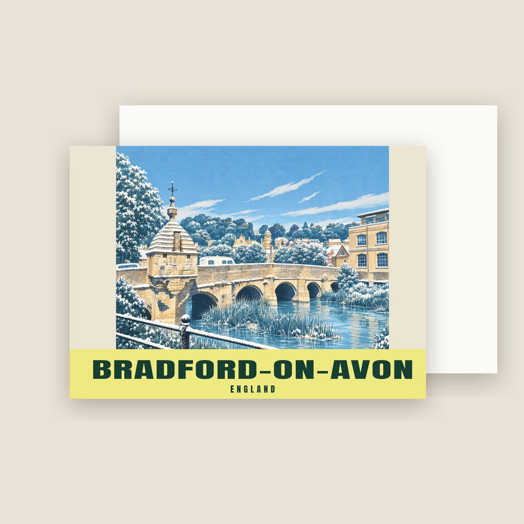 The Town Bridge, Bradford-on-Avon winter Christmas card with its envelope