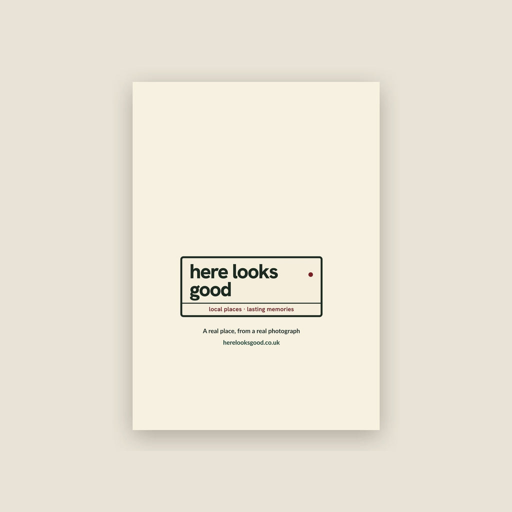 Back of the Lincoln Cathedral Christmas card with the Here Looks Good nameplate