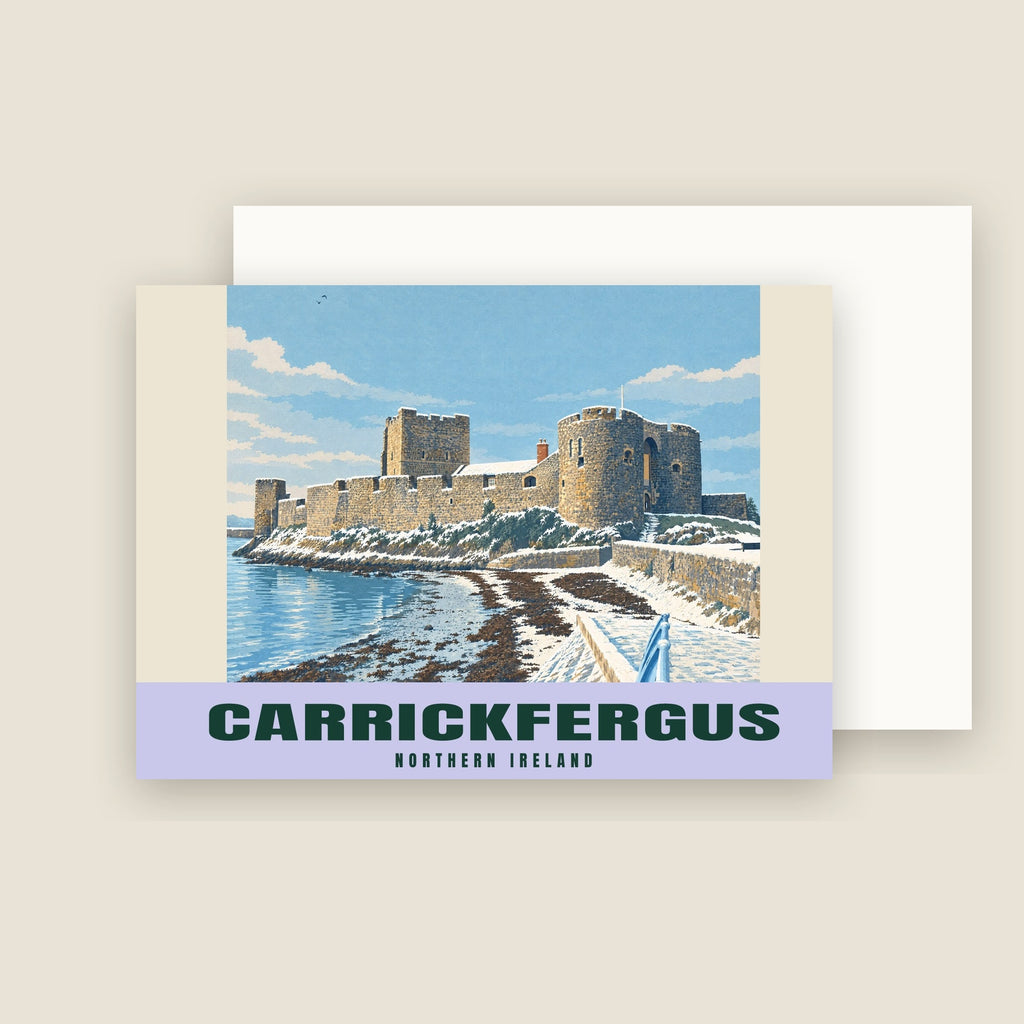 Carrickfergus Castle winter Christmas card with its envelope
