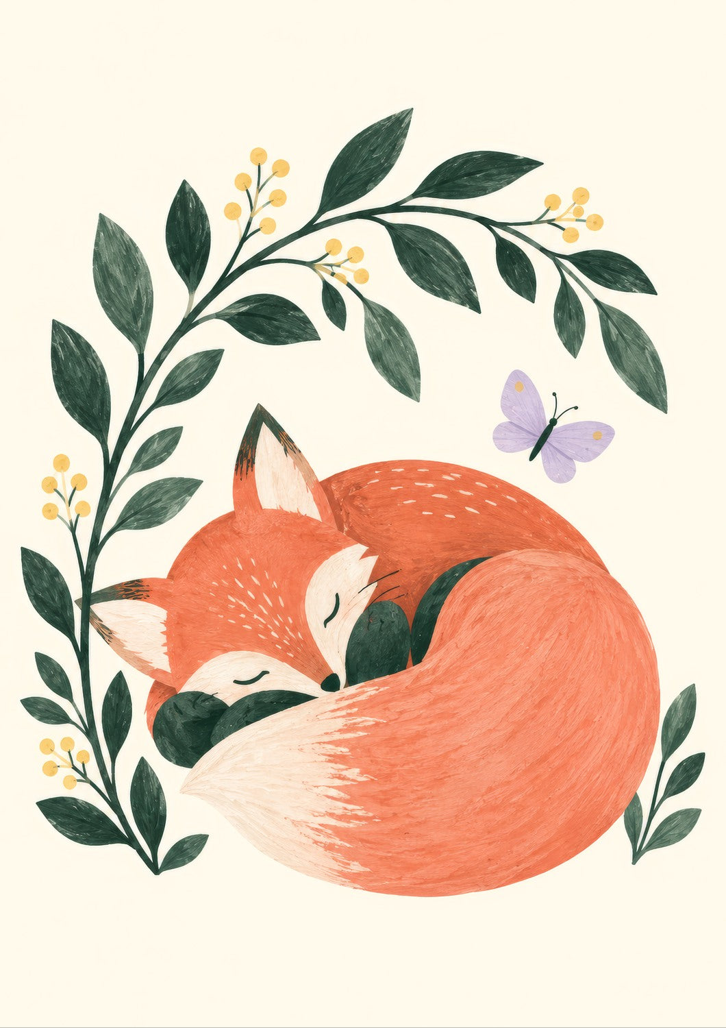 Sleepy Fox children’s illustration in green, coral, lilac and yellow — artwork detail
