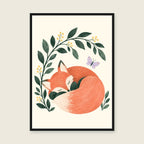Sleepy Fox children’s illustration in green, coral, lilac and yellow — styled with a black frame; choose the framed finish to include it
