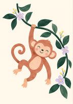 Little Monkey, Big Swing children’s illustration in green, coral, lilac and yellow — artwork detail