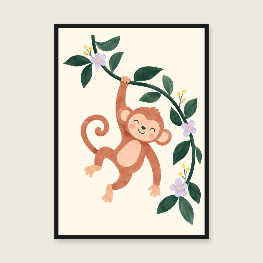 Little Monkey, Big Swing children’s illustration in green, coral, lilac and yellow — styled with a black frame; choose the framed finish to include it