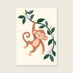 Little Monkey, Big Swing children’s illustration in green, coral, lilac and yellow