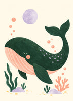 Whale & the Moon children’s illustration in green, coral, lilac and yellow — artwork detail