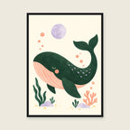 Whale & the Moon children’s illustration in green, coral, lilac and yellow — styled with a black frame; choose the framed finish to include it