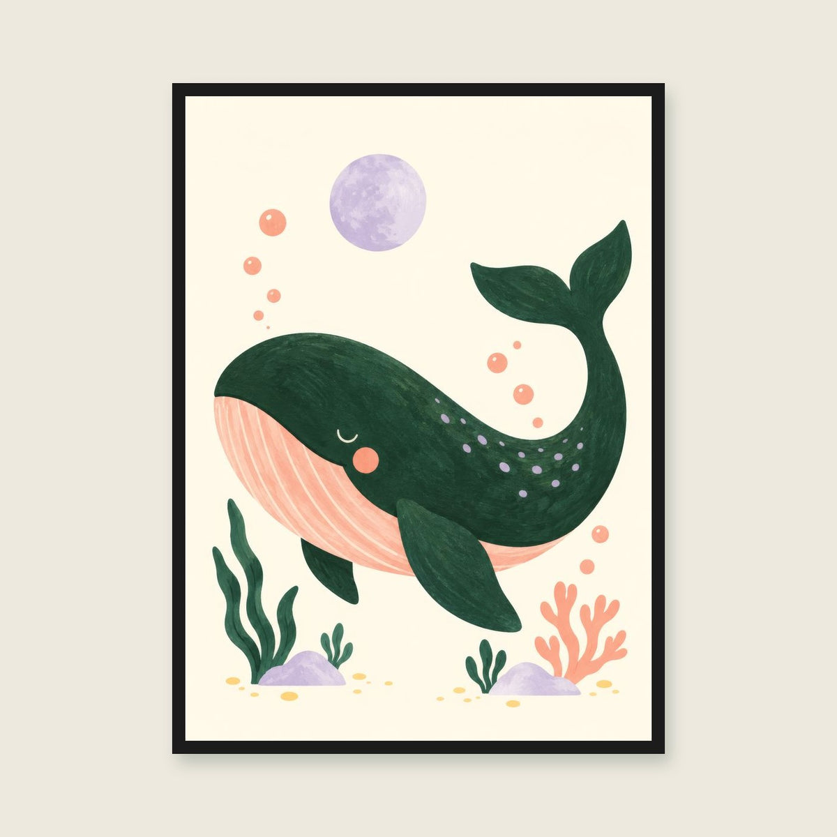 Whale & the Moon children’s illustration in green, coral, lilac and yellow — styled with a black frame; choose the framed finish to include it