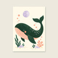 Whale & the Moon children’s illustration in green, coral, lilac and yellow