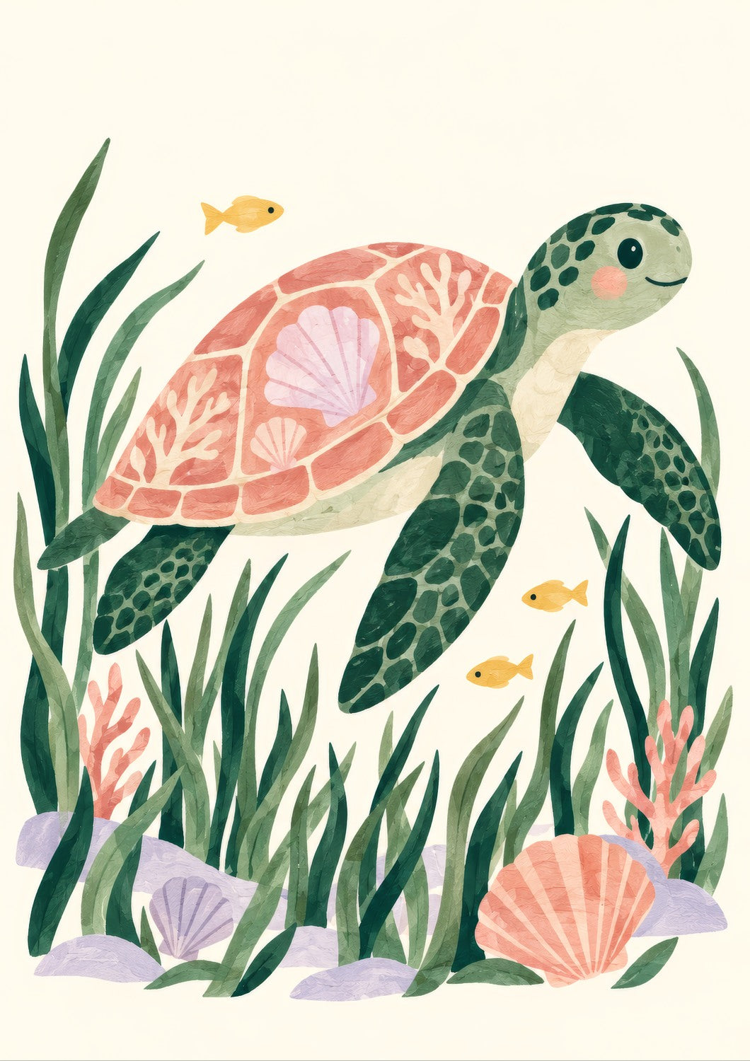 Turtle’s Little Journey children’s illustration in green, coral, lilac and yellow — artwork detail