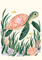 Turtle’s Little Journey children’s illustration in green, coral, lilac and yellow — artwork detail
