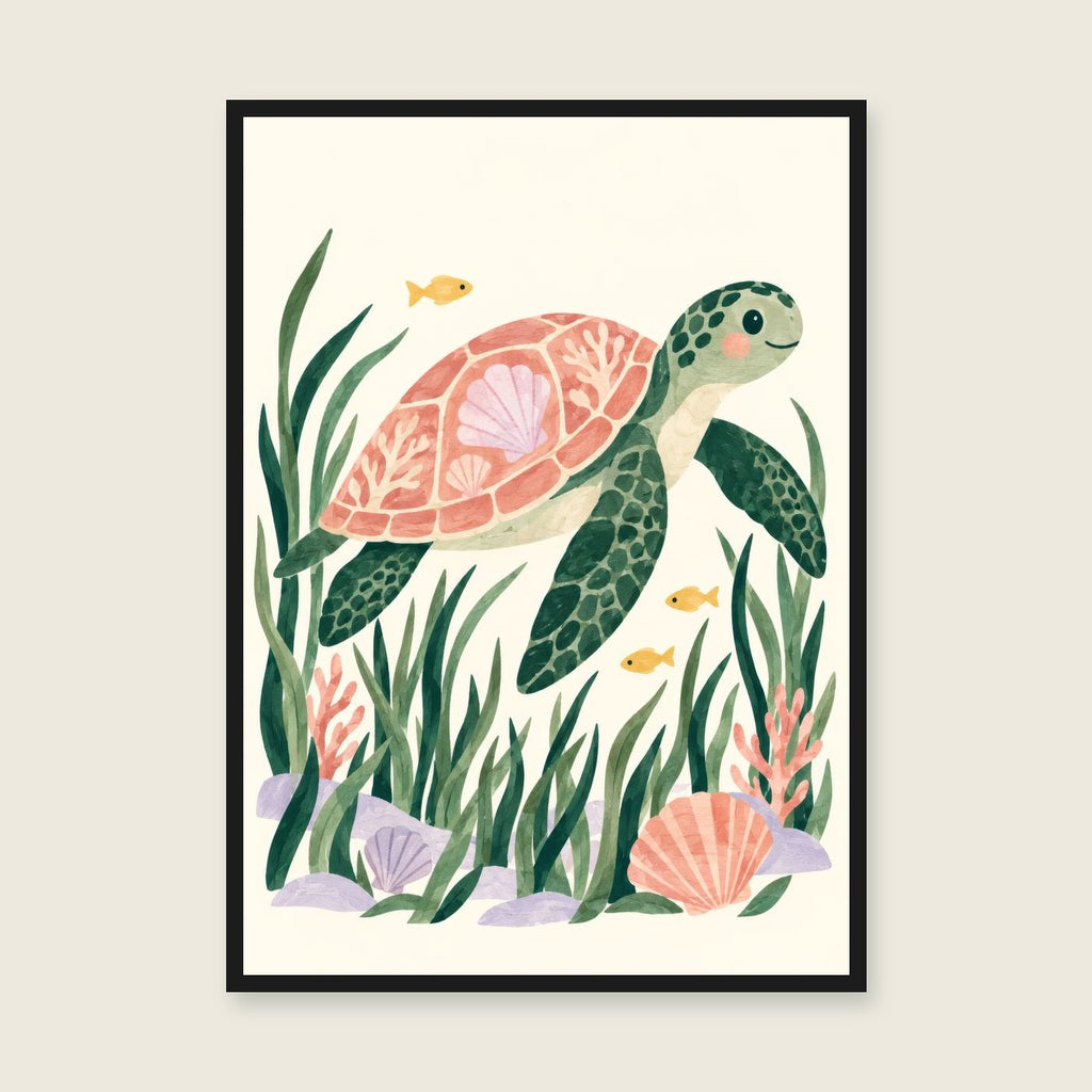 Turtle’s Little Journey children’s illustration in green, coral, lilac and yellow — styled with a black frame; choose the framed finish to include it