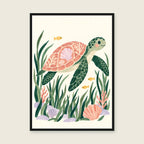 Turtle’s Little Journey children’s illustration in green, coral, lilac and yellow — styled with a black frame; choose the framed finish to include it