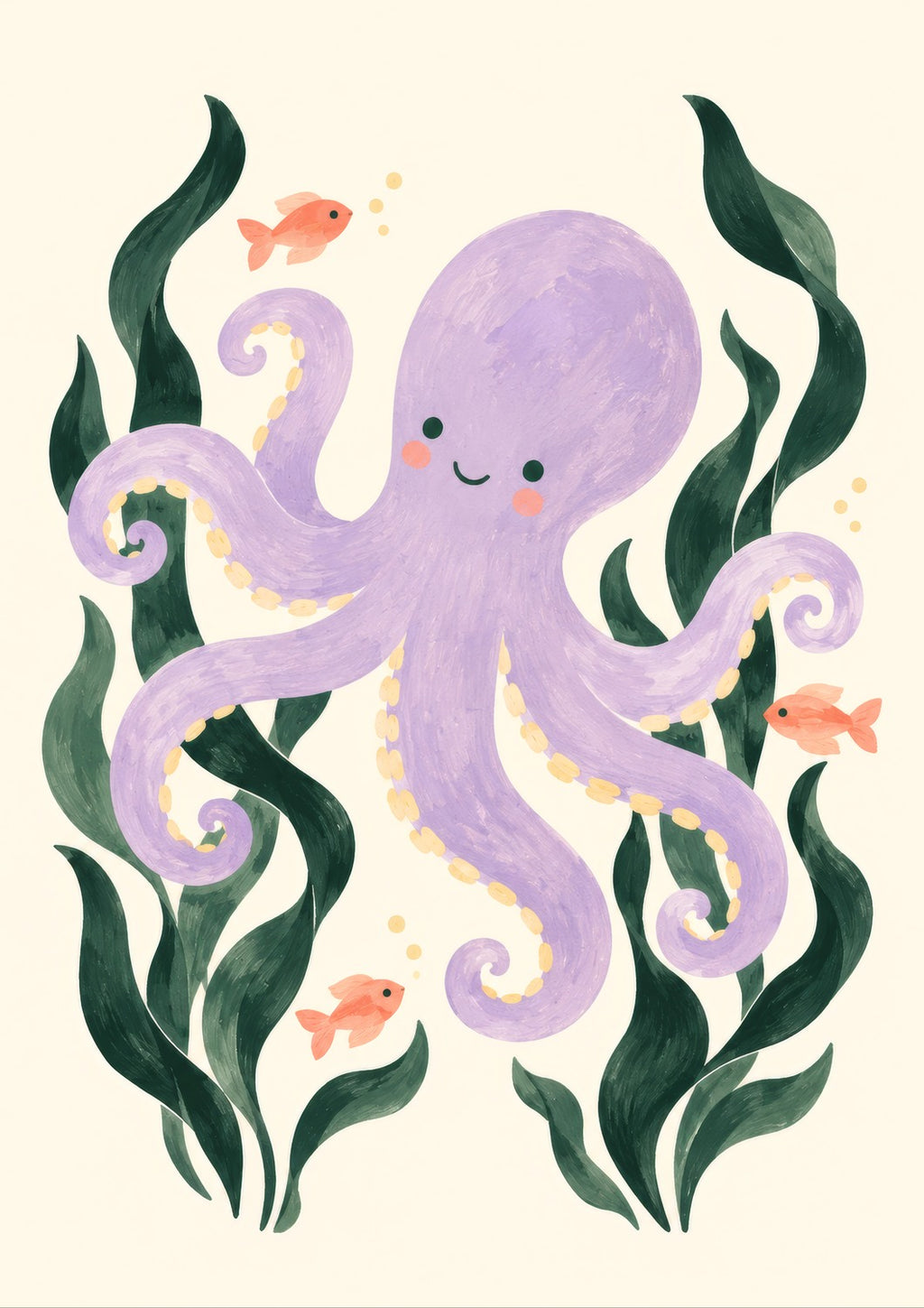 Octopus Garden children’s illustration in green, coral, lilac and yellow — artwork detail