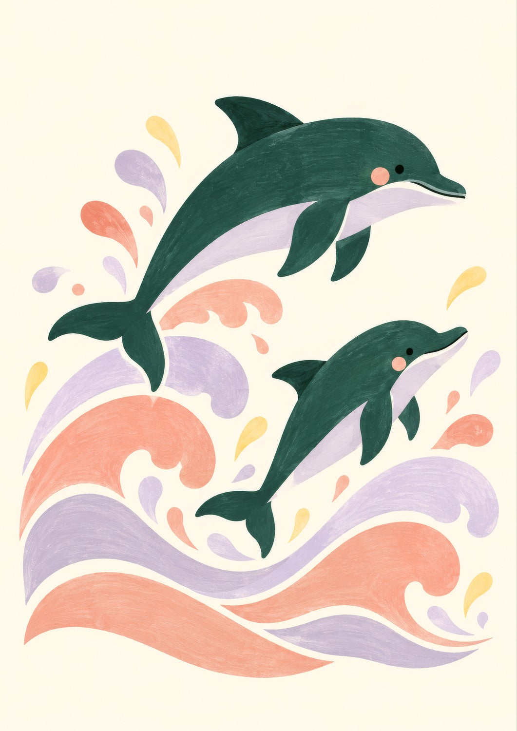 Dolphin Daydream children’s illustration in green, coral, lilac and yellow — artwork detail